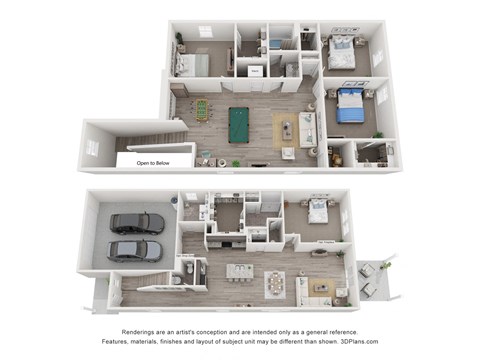 a 3d floor plan of a 3 bedroom apartment